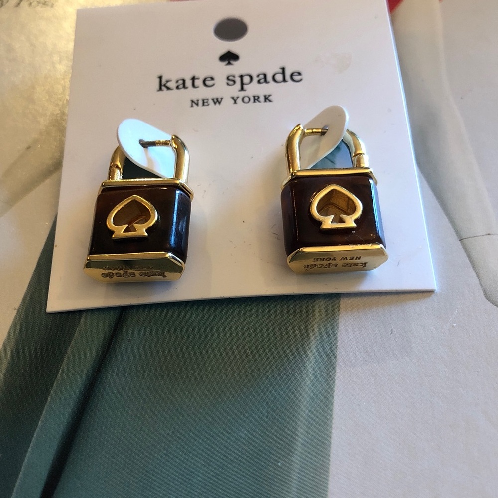 Authentic New on card. kate spade Brown and Gold Padlock Stud Earrings - Picture 6 of 7
